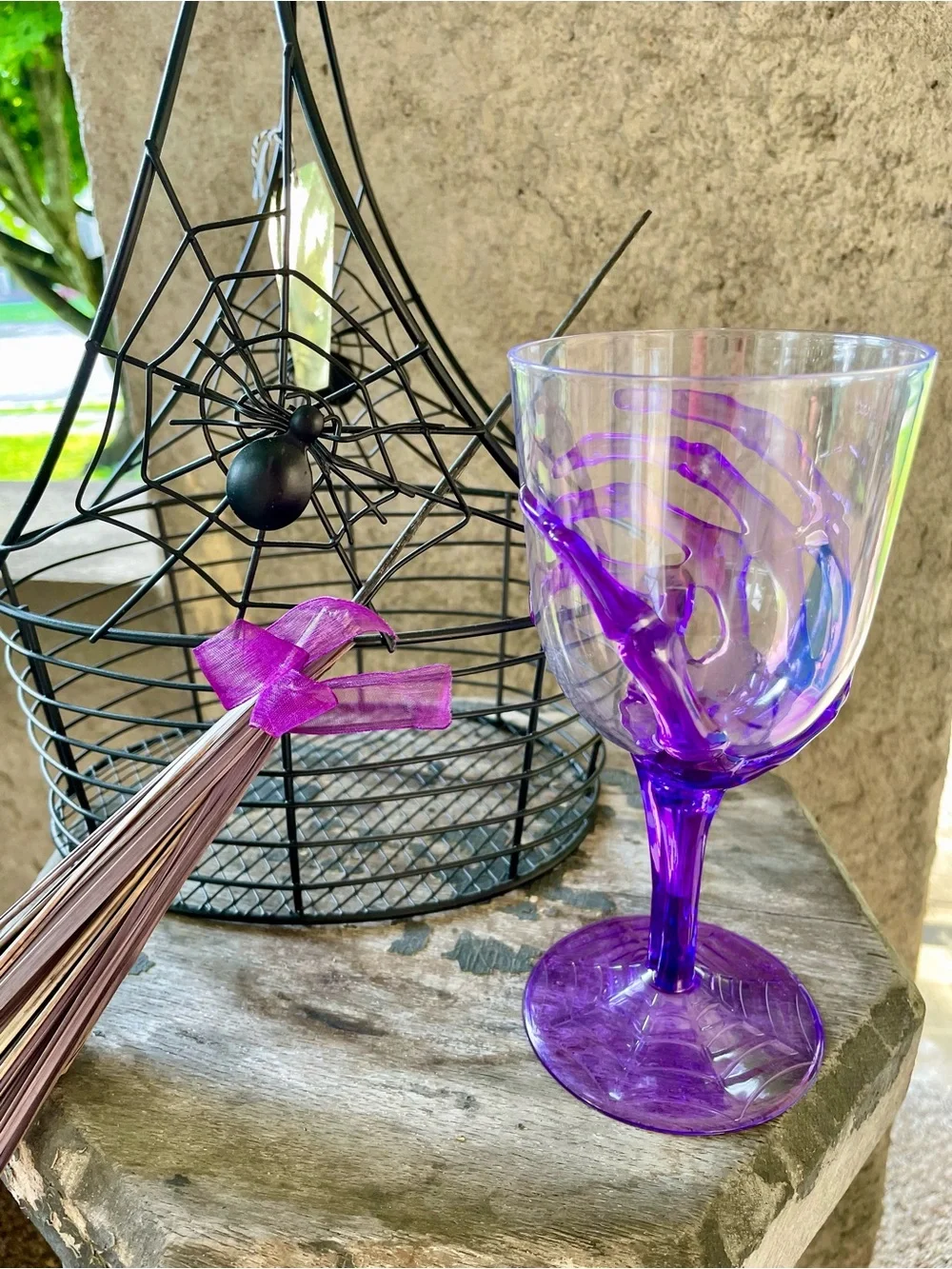 Halloween Party Decor / Wire Basket, Broomstick and Skeleton Wine Goblet (NEW)
